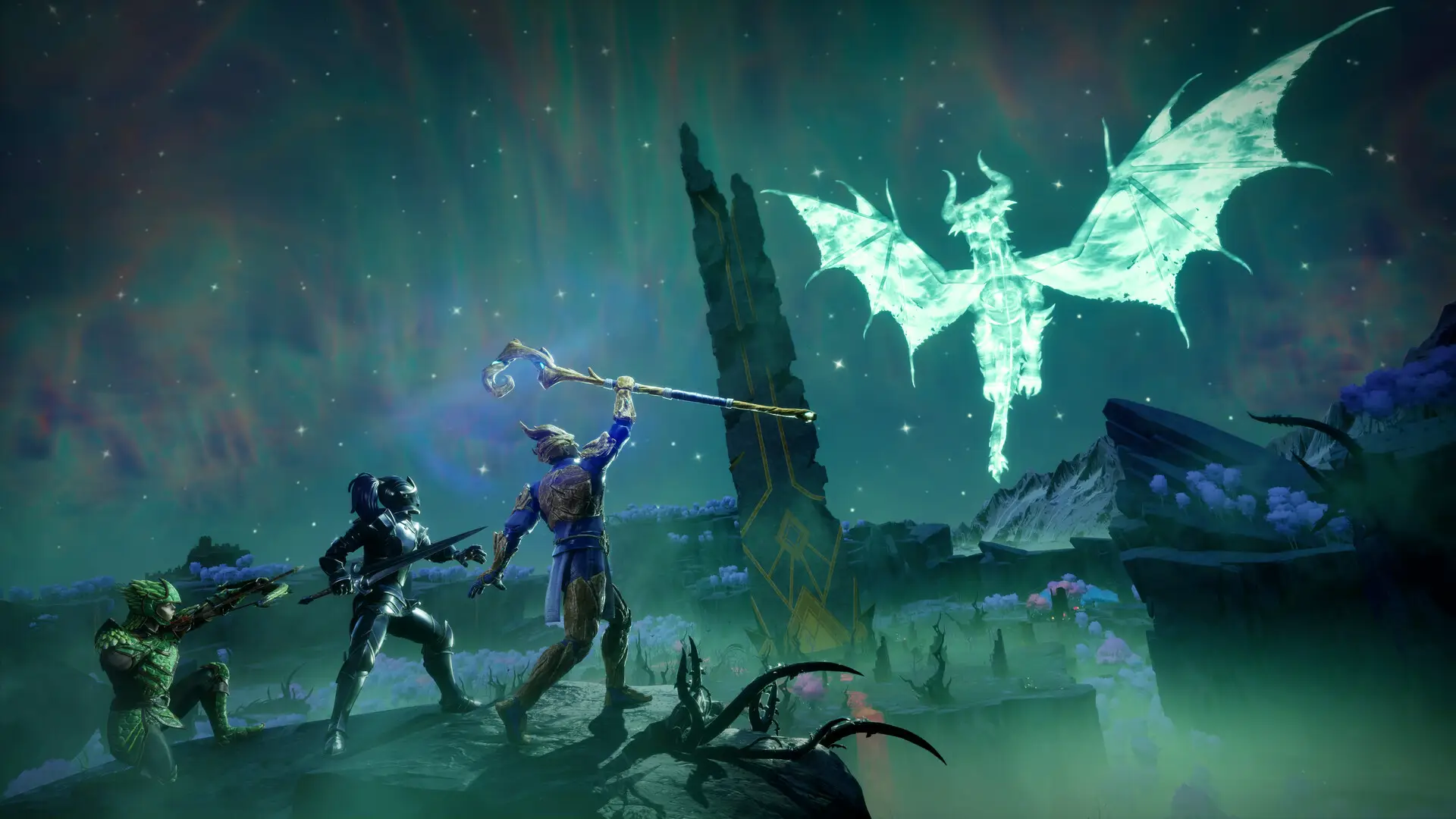 Players facing a spectral dragon in a mist-filled ruin in RuneScape: Dragonwilds.